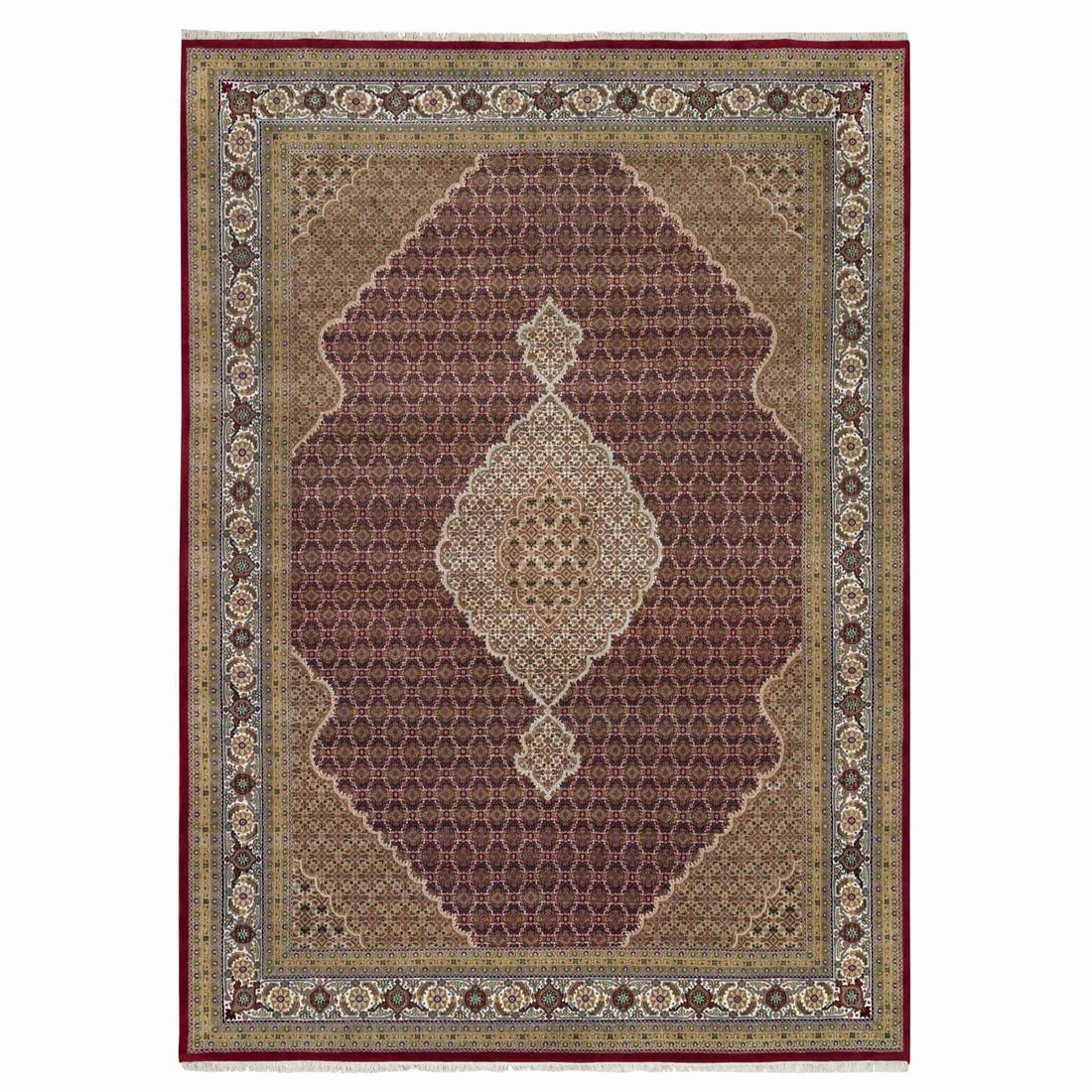 Hand knotted wool rug mahogany red tebraz oriental red tebzaz 175 kpsi 1013 x10: Hand knotted wool rug mahogany red tebraz oriental red tebzaz 175 kpsi 1013 x10 Hand-knotted wool rug with a rich mahogany red color and intricate oriental design. This rectangular field rug features 