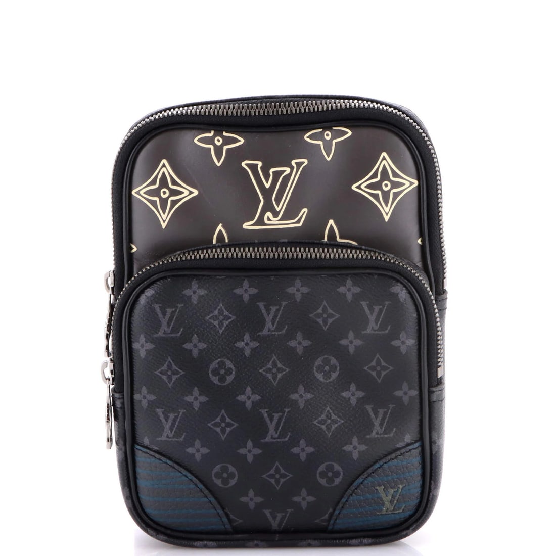 Louis Vuitton Canvas Amazone Monogram Sling Patchwork Printed Eclipse: Louis Vuitton Canvas Amazone Monogram Sling Patchwork Printed Eclipse The Louis Vuitton Canvas Amazone Monogram Sling Patchwork Printed Eclipse features a unique patchwork design with a mix of black a