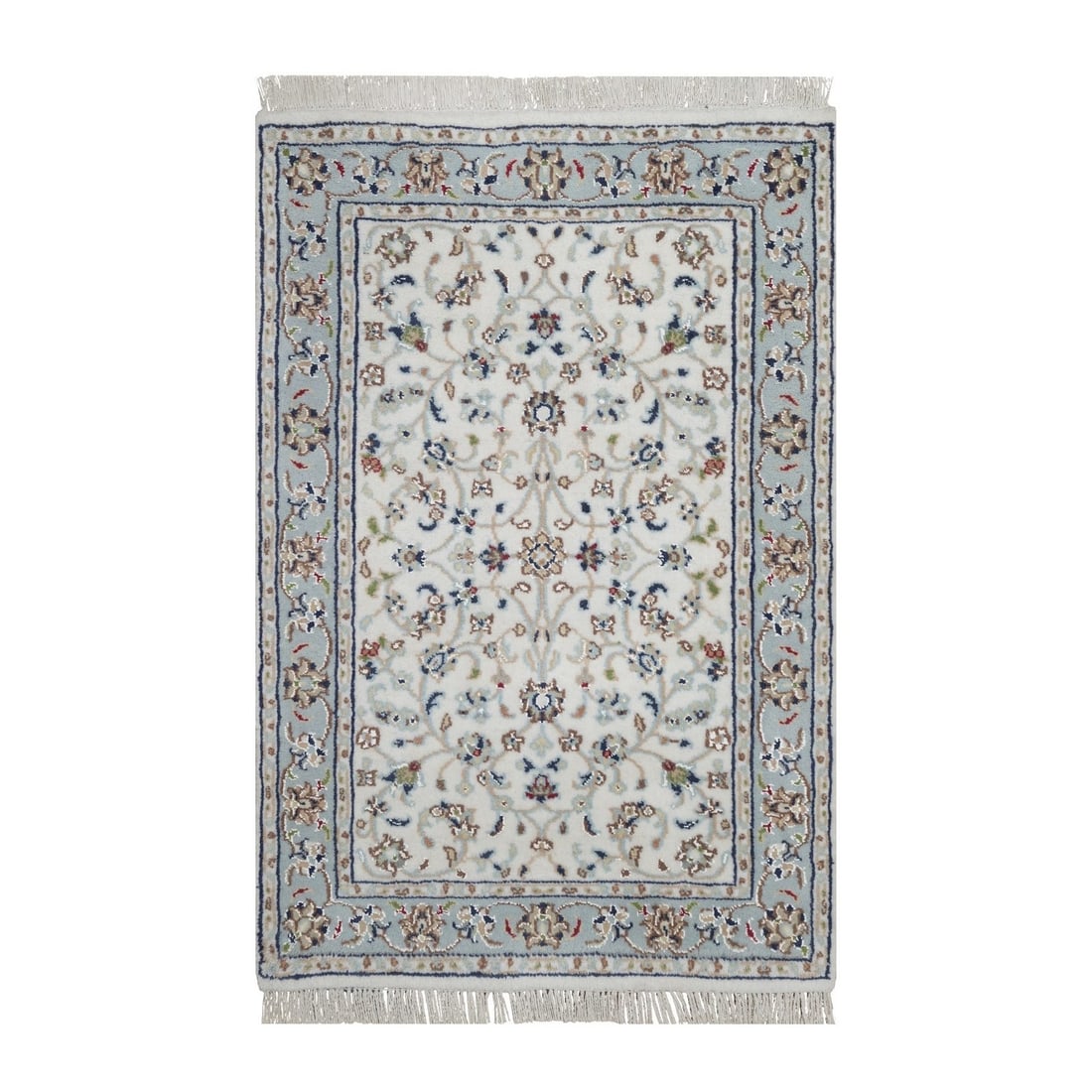 Strict Rules Apply To All Over Ivory Nain Design Wool Silk Hand Knotted Mat Rug: Strict Rules Apply To All Over Ivory Nain Design Wool Silk Hand Knotted Mat Rug Hand-knotted with wool and silk, this stunning ivory Nain design rug boasts an all-over regional pattern in soothing