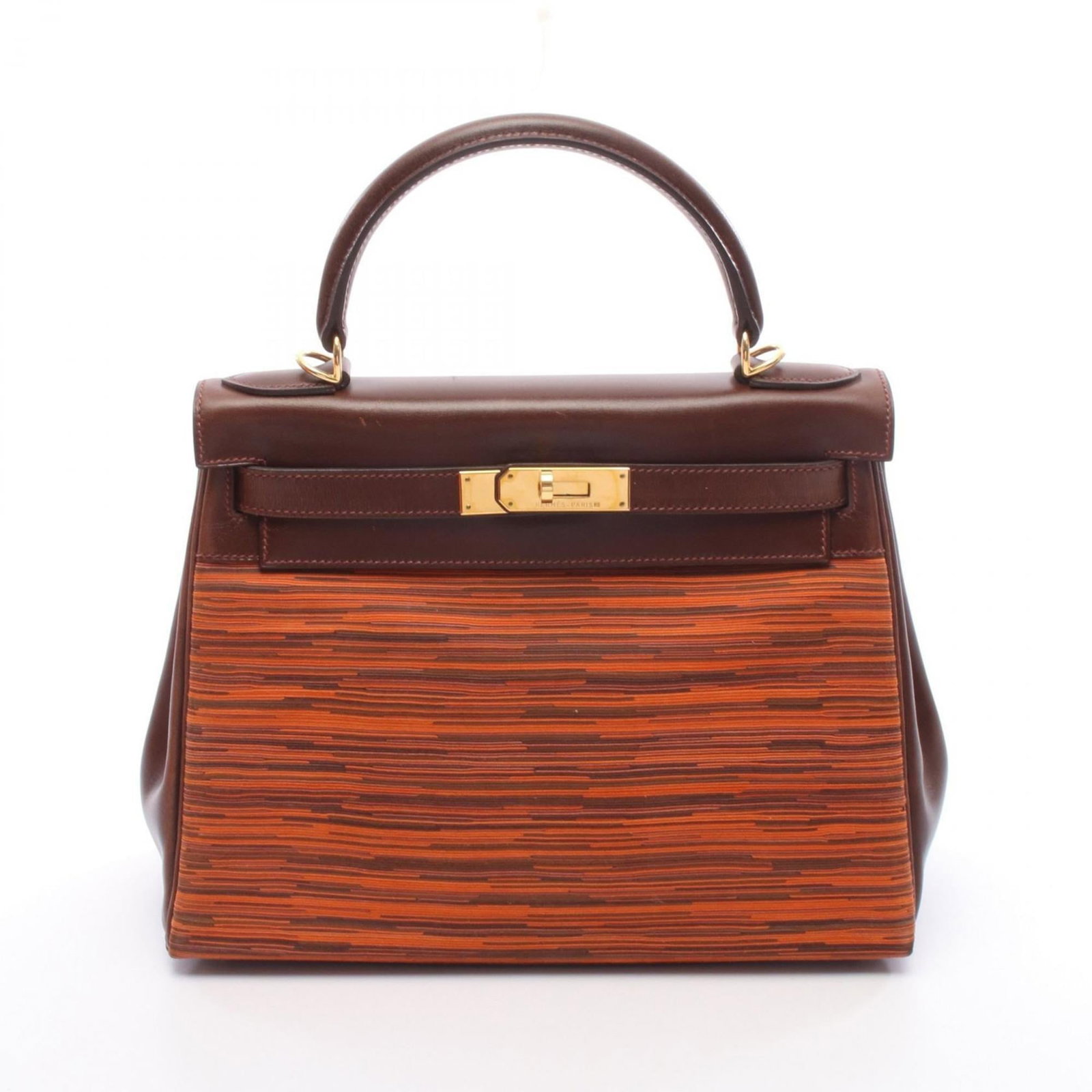 Hermes Handbag Vibrato Leather Leather: Hermes Handbag Vibrato Leather Leather The Vibrato Leather Handbag from Hermes boasts its unique multi-color design and vibrant orange accents, adding a pop of personality to any outfit. Made from hig