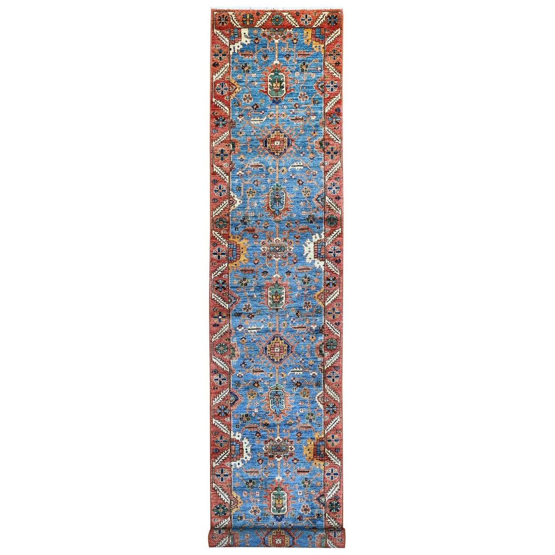 Blue Heris all over soft wool hand knotted blue runner rug: Blue Heris all over soft wool hand knotted blue runner rug Softly glowing blue hues wrap around you with this stunning all-over Heris wool hand-knotted runner rug, carefully crafted from natural cotto
