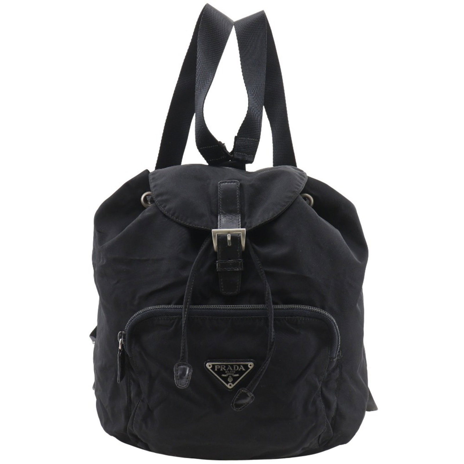 Prada Backpack Tote Bag Nylon: Prada Backpack Tote Bag Nylon Black Prada Nylon Backpack Tote Bag with Traces of Usage. This used backpack tote bag features durable nylon material and measures 28cm x 26cm x 14cm. With its classic de