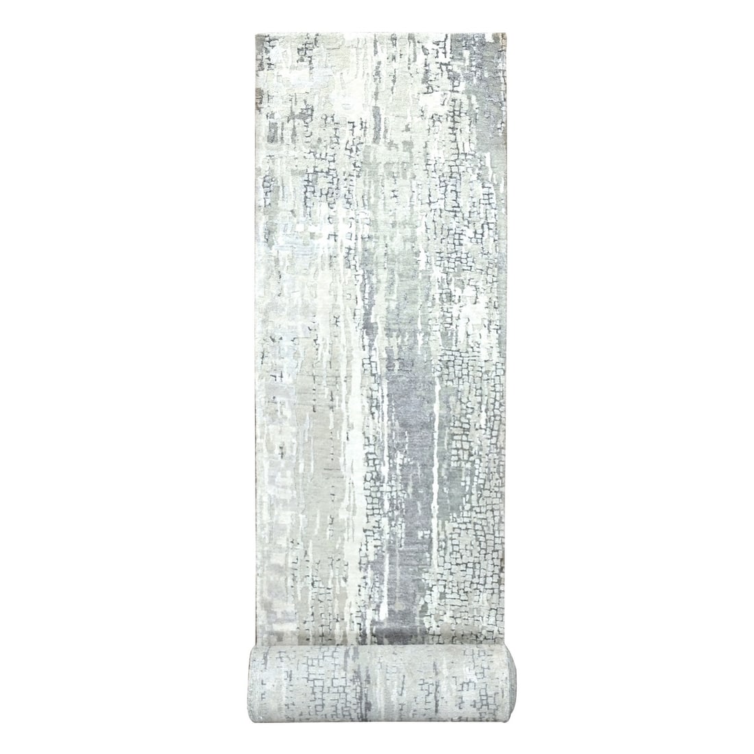 Rustic Gray Wool and Silk Hand Knotted Abstract XL Runner Rug 25x1818: Rustic Gray Wool and Silk Hand Knotted Abstract XL Runner Rug 25x1818 The Rustic Gray Wool and Silk Hand Knotted Abstract XL Runner Rug boasts an impressive size of 25x18 inches, making it a statement