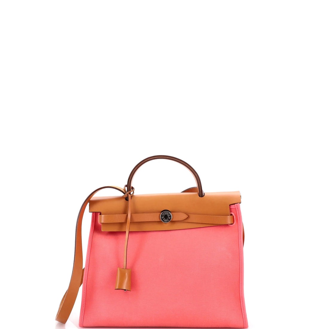 Leather toile zip herbag Hermes: Leather toile zip herbag Hermes The Herm?s Leather Toile Zip Herbag in pink leather is a stylish and functional shoulder bag. Measuring 10" tall and 12" wide, this bag features a zip closure, keys pou