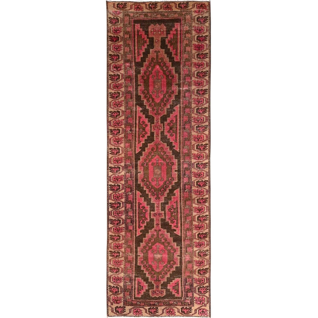 Vintage Zoroastrian Khamadan Hand Knotted Wool Runner Rug Brown 310 (1 of 7)