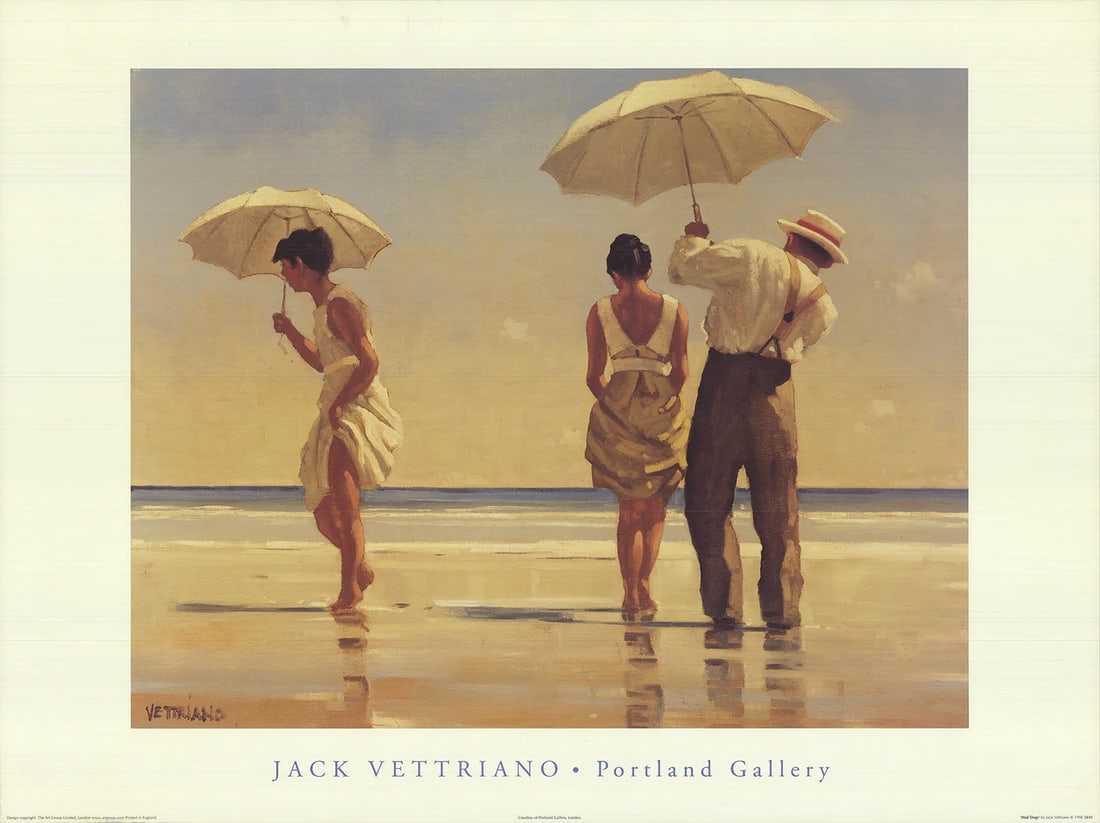 Dog mad 1996 lithograph offset contemporary: Dog mad 1996 lithograph offset contemporary 23.75 x 31.5 inches (60 x 80 cm) Offset Lithograph on Paper, 1996. Signed by Jack Vettriano, this "Mad Dogs" lithograph features figures in a contemporary s