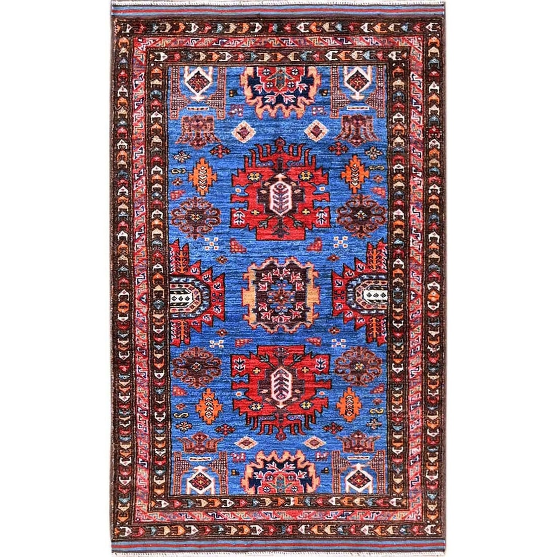 Afghan Blue 2'10"x4'9" Hand Knotted Wool Revival Design: Afghan Blue 2'10"x4'9" Hand Knotted Wool Revival Design Afghan Blue features a stunning geometric design in a vibrant blue field, intricately woven with hand-knotted wool. This rectangular rug