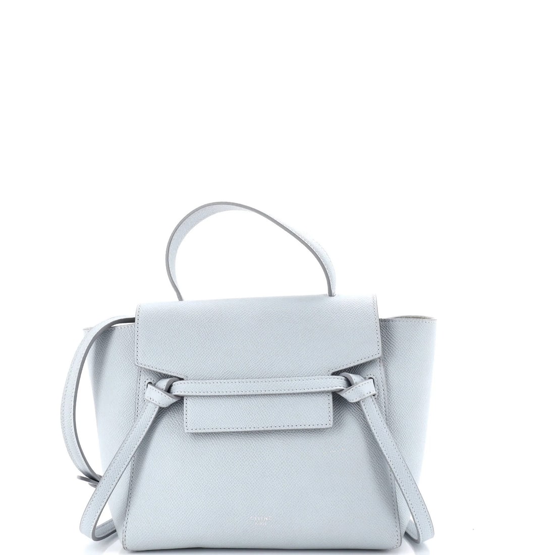 Textured Leather Celine Belt Bag Nano: Textured Leather Celine Belt Bag Nano The Celine Textured Leather Belt Bag Nano boasts a sleek and sophisticated design with textured leather exterior in blue. This compact shoulder bag features a sil
