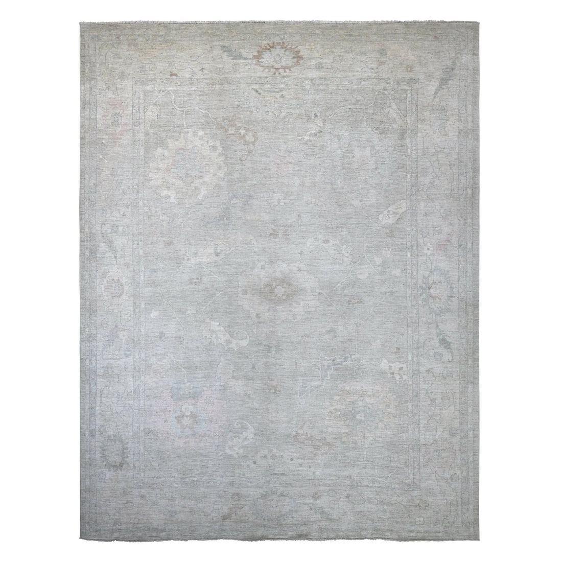 Afghan Angora Oushak Leaf Design Pure Wool Hand Knot Rug: Afghan Angora Oushak Leaf Design Pure Wool Hand Knot Rug The Afghan Angora Oushak Leaf Design Pure Wool Hand Knot Rug boasts a stunning grey field with intricate floral patterns, showcasing the tradit