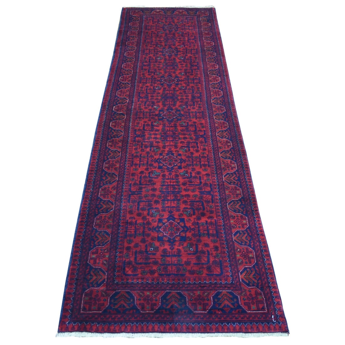 Strict Rules Apply to 248x98 Red Tribal Design Afghan Khamyab Hand Knotted Runner Rug: Strict Rules Apply to 248x98 Red Tribal Design Afghan Khamyab Hand Knotted Runner Rug This stunning Afghan hand-knotted runner rug boasts an eye-catching red tribal design in a rich wool pile. Measuri
