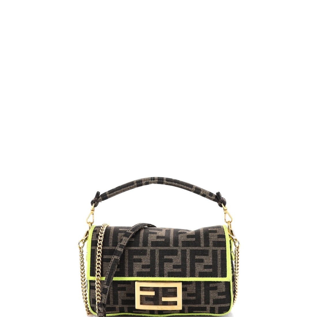 Baguette Canvas Fendi Mini NM Zucca: Baguette Canvas Fendi Mini NM Zucca The Baguette Canvas Fendi Mini Zucca features a classic brown canvas exterior with green accents, paired with a sturdy gold hardware and extra strap for added conve