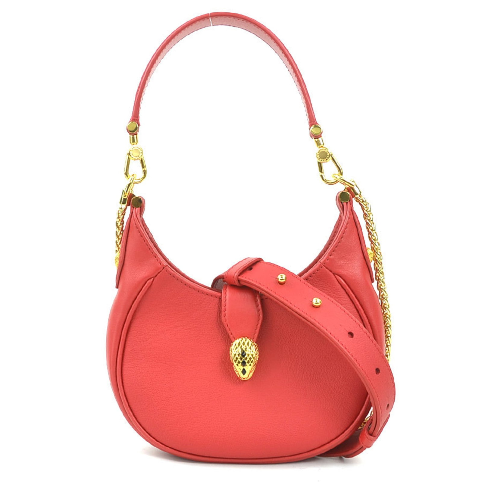 Bvlgari Handbag Shoulder Bag Leather: Bvlgari Handbag Shoulder Bag Leather Bvlgari's iconic red leather shoulder bag boasts a timeless design with subtle scratches and minor scuffs. Made from high-quality leather, this handbag measures 12
