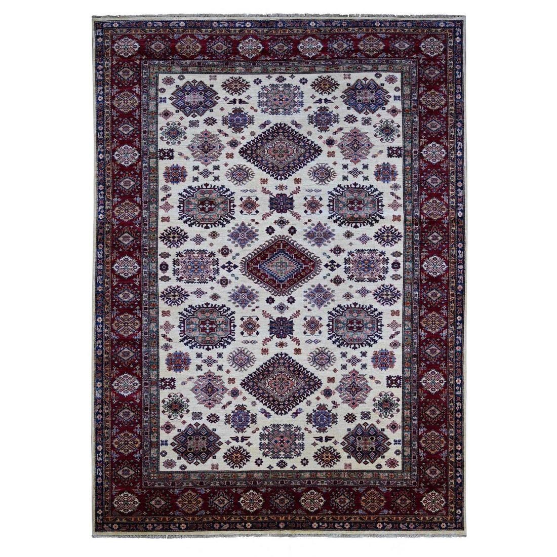 Ivory Super Kazak Medallions Design Hand Knotted Wool Soft Rug: Ivory Super Kazak Medallions Design Hand Knotted Wool Soft Rug Soft and elegant, this Ivory Super Kazak Medallions Design Hand Knotted Wool Soft Rug boasts intricate medallion patterns in soothing ivo