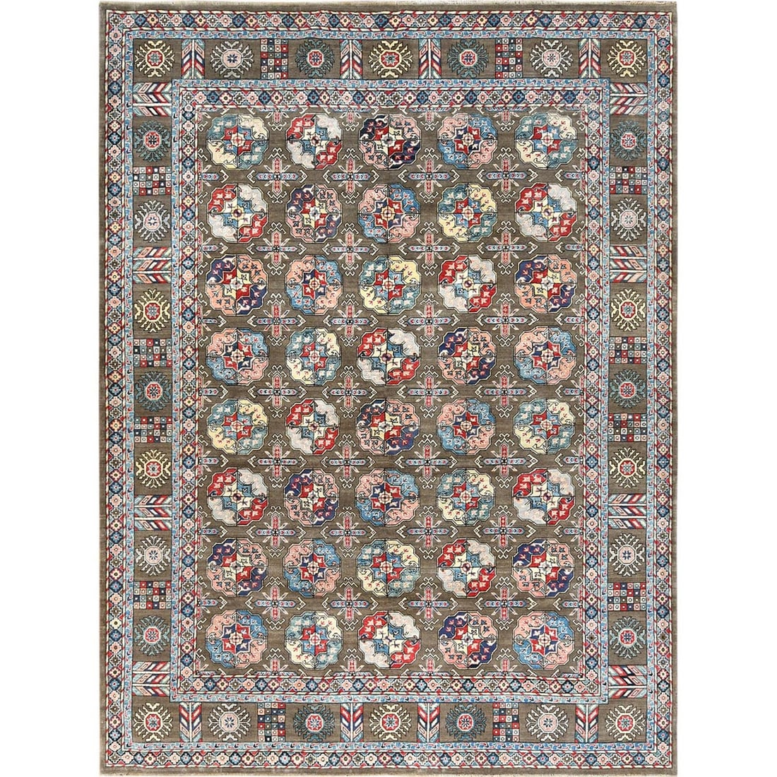 Afghan Special Kazak Shiny Wool Hand Knotted 97x129 Taupe Rug: Afghan Special Kazak Shiny Wool Hand Knotted 97x129 Taupe Rug The Afghan Special Kazak Shiny Wool Hand Knotted 97x129 Taupe Rug boasts a rich, brown color and intricate design, characteristic of