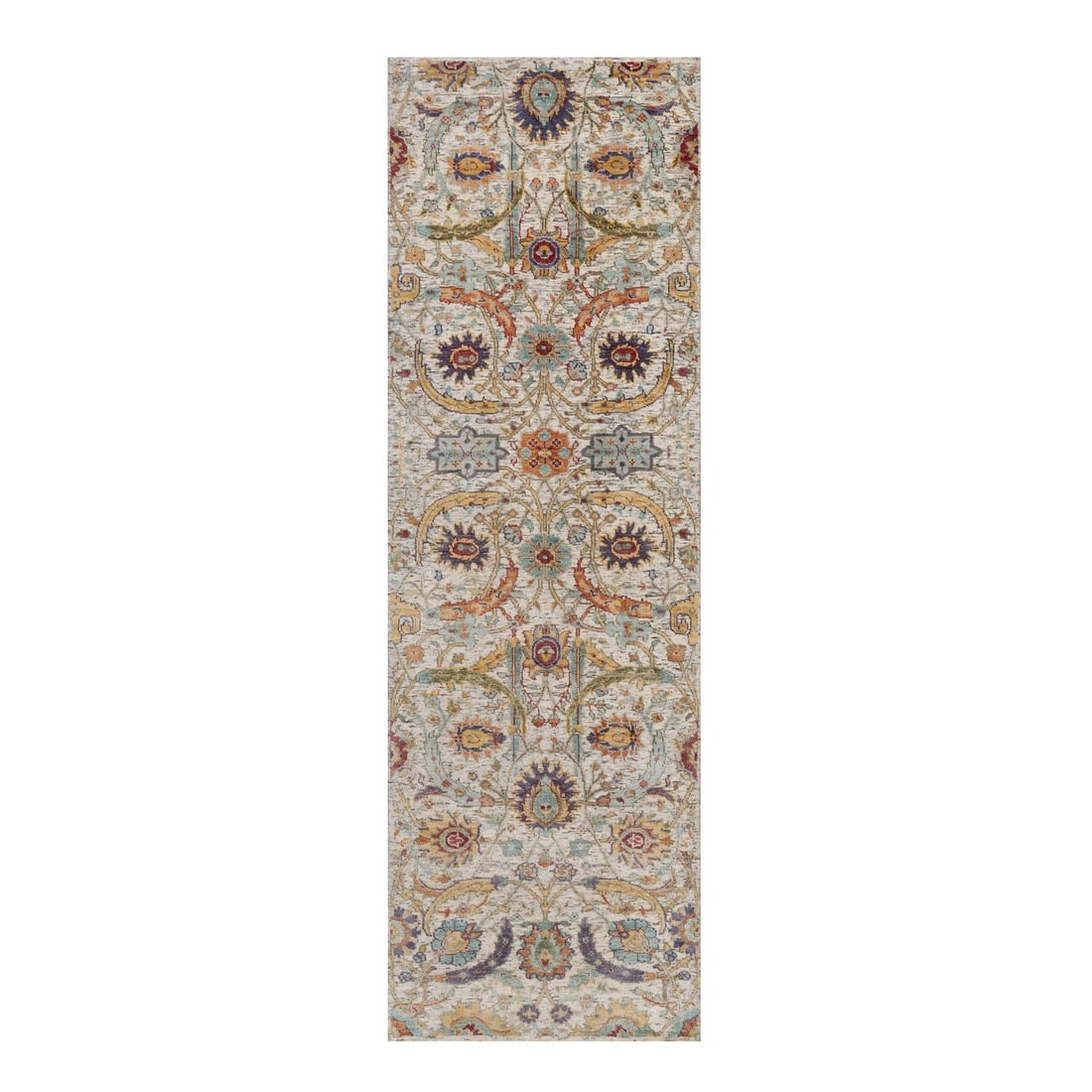 Ivory runner rug silk wool hand knotted sickle leaf design two seven eight one: Ivory runner rug silk wool hand knotted sickle leaf design two seven eight one Sickle leaf design in ivory silk wool hand-knotted wool and silk runner rug, measuring 79 CM x 246 CM. This unique piece