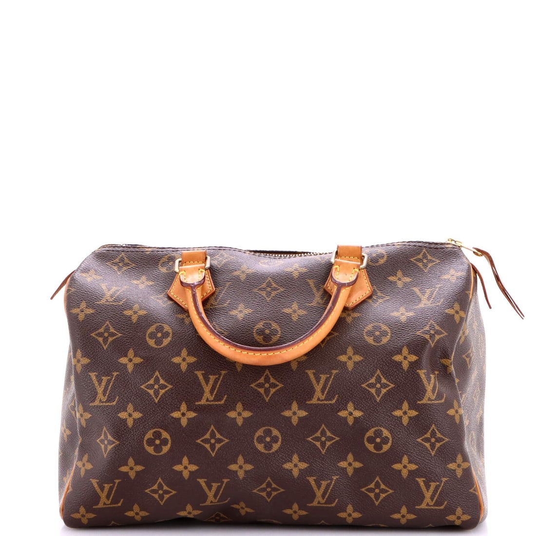 Canvas monogram bag speedy Louis Vuitton: Canvas monogram bag speedy Louis Vuitton Canvas monogram bag with top handle, featuring scuffs, creases, edge wear, and corner wear on exterior brown canvas. The interior is made of fabric in matching