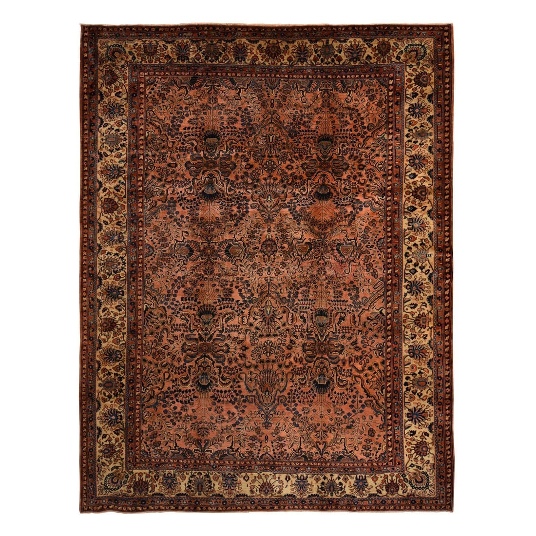Coral Salmon Pure Antique Hand Zoroastrian Wool Rug 9'10"x13'7: Coral Salmon Pure Antique Hand Zoroastrian Wool Rug 9'10"x13'7 Authentic Zoroastrian hand-knotted wool rug from Turkey, dating back to 1910. This stunning piece features an intricate Oriental regional
