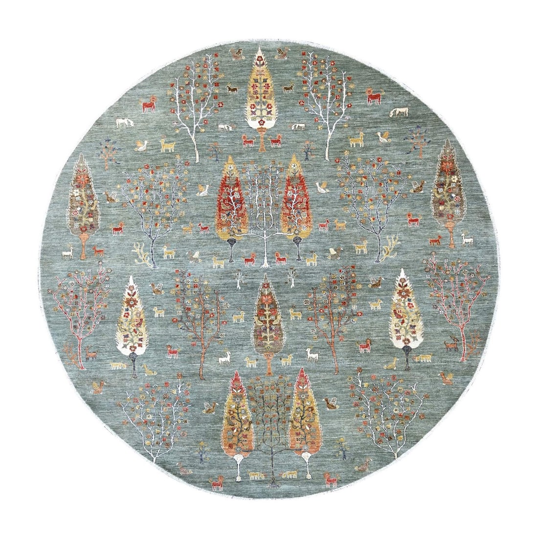 Rug Green Peshawar Tree Design Hand Knotted Round 10'x10' Cypress: Rug Green Peshawar Tree Design Hand Knotted Round 10'x10' Cypress The Peshawar Tree Design Hand Knotted Round Rug boasts an all-over regional design in rich green hues, set against a natural cypress b