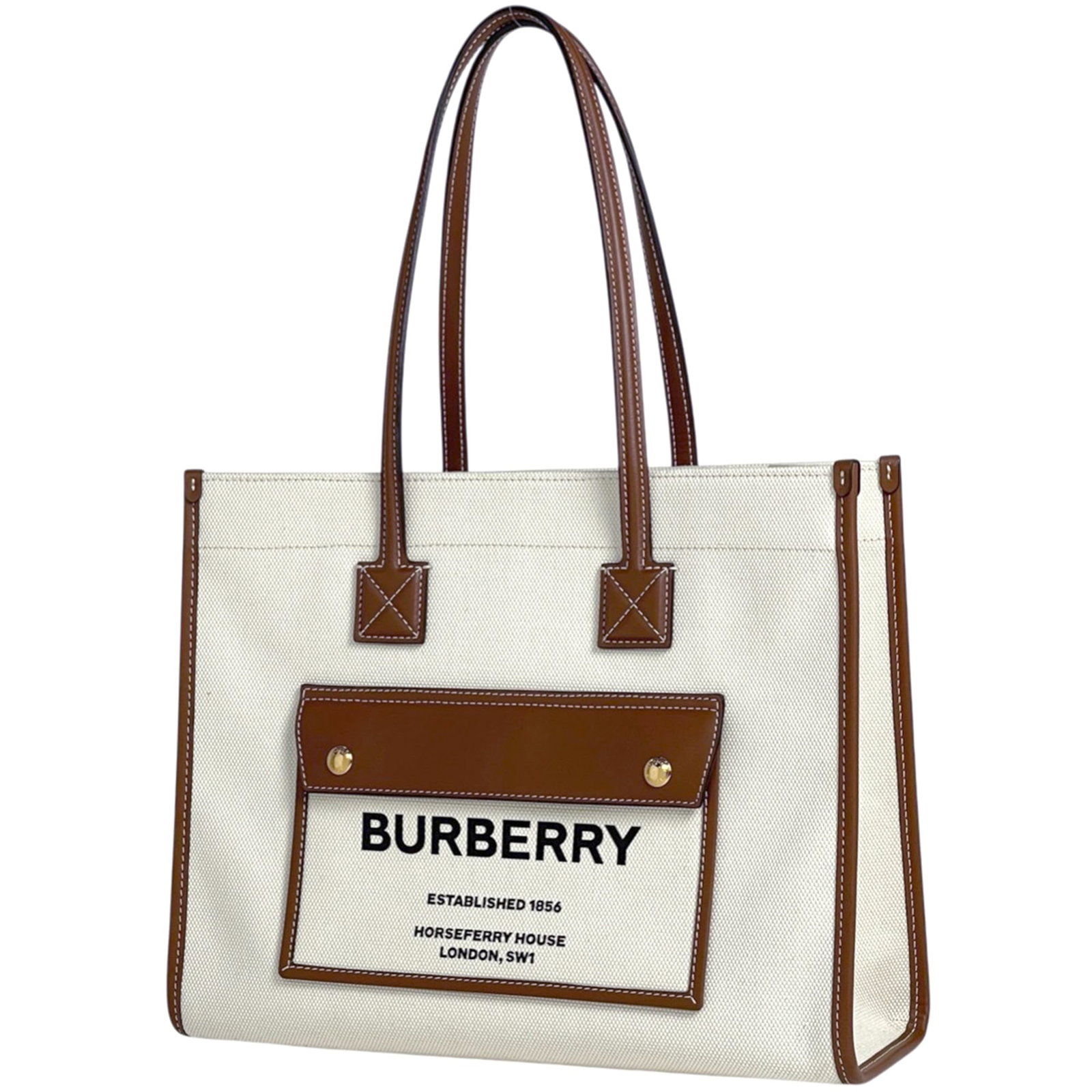 Burberry Handbag Tote Bag Canvas Leather: Burberry Handbag Tote Bag Canvas Leather Canvas and leather combine in this classic Burberry tote bag, offering a timeless design with brown and ivory tones. Measuring 27cm x 33cm x 13cm, it features