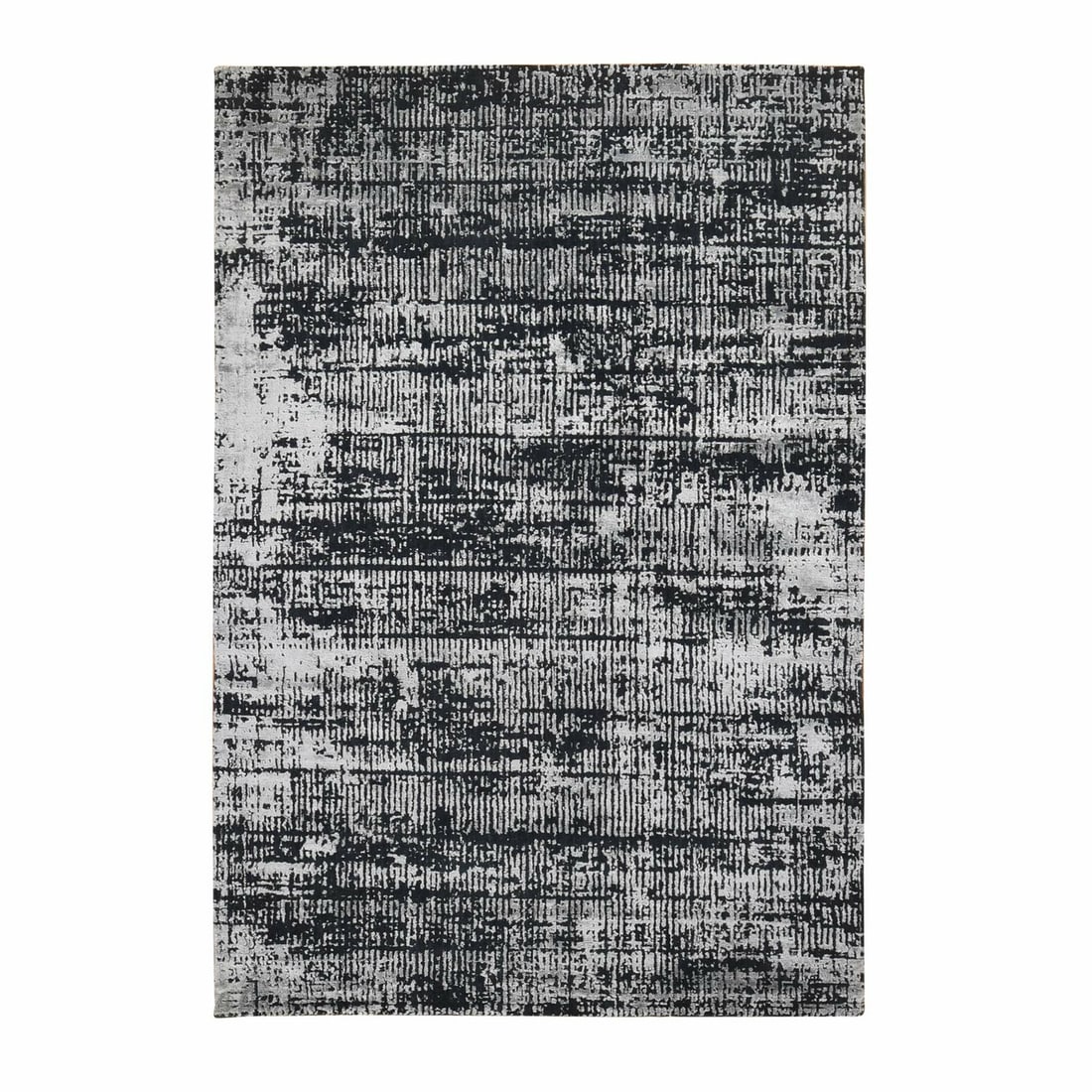 Rug silk wool plant based black modern hand loomed 510 x 9: Rug silk wool plant based black modern hand loomed 510 x 9 Black wool and silk hand-knotted rug with an oriental regional design, measuring 510 x 9 inches in its rectangular field shape. This modern