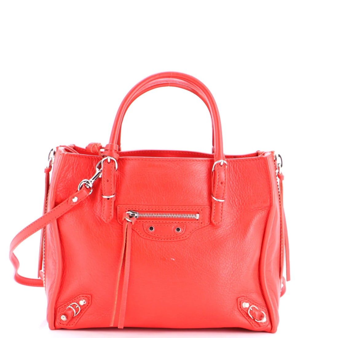 Papier A4 Zip Around Classic Leather Bag Studs Balenciaga Mini: Papier A4 Zip Around Classic Leather Bag Studs Balenciaga Mini The Balenciaga Mini Papier A4 Zip Around Classic Leather Bag features a striking red exterior with silver hardware and a mirror-encrusted