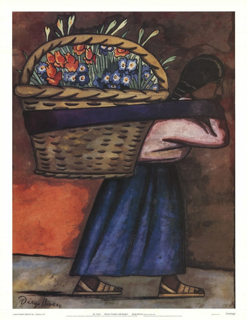 VENDOR FLOWER RIVERA DIEGO 20" X 26" MODERNI POSTER: VENDOR FLOWER RIVERA DIEGO 20" X 26" MODERNI POSTER Diego Rivera's vibrant "Flower Vendor With Basket" (2000) is a stunning modernist print on offset lithograph paper. Measuring 26 x 20 inches, this 2