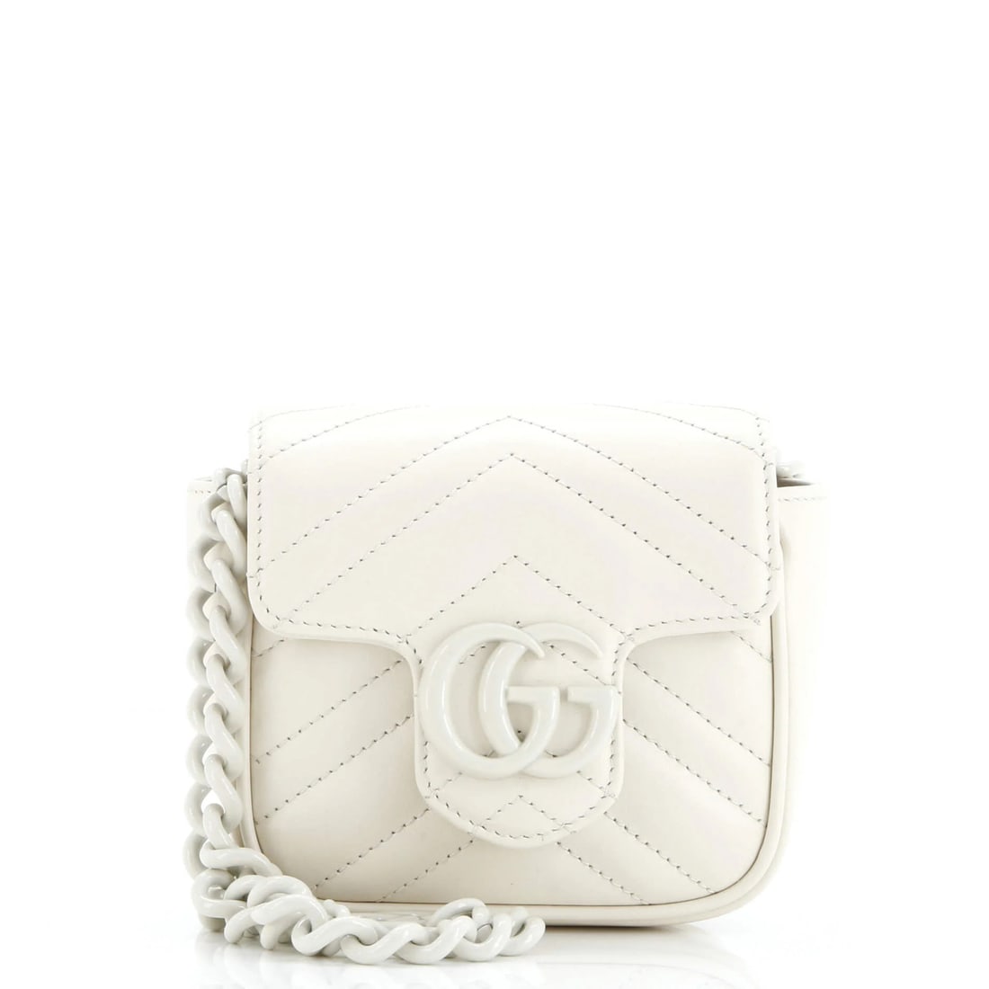 Matelasse leather mini bag with flap belt Gucci GG marmont.: Matelasse leather mini bag with flap belt Gucci GG marmont. White Matelasse Leather Mini Bag with Flap Belt from Gucci's GG Marmont Collection features a sleek design and premium materials. The bag's
