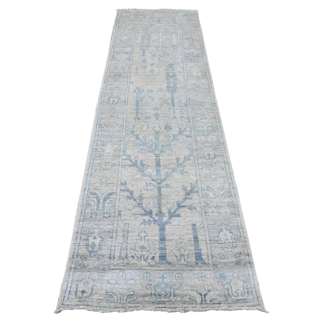 Strict Rules: 2 10 White Angora Oushak Tree Design Wool Hand Knotted Runner Rug: Strict Rules: 2 10 White Angora Oushak Tree Design Wool Hand Knotted Runner Rug This stunning Oushak-style hand-knotted wool runner rug boasts an elegant tree design in ivory and gray hues. Measuring