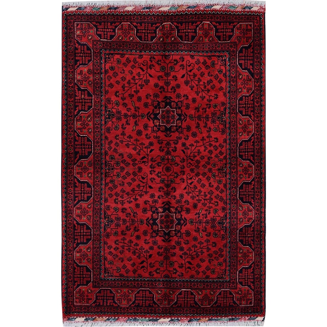 Hand knotted Afghan rug: Hand knotted Afghan rug 62 inches long and 41 inches wide, this hand-knotted Afghan rug boasts a vibrant red hue. Made from 100% wool, its intricate design showcases the skill of the craftsman who
