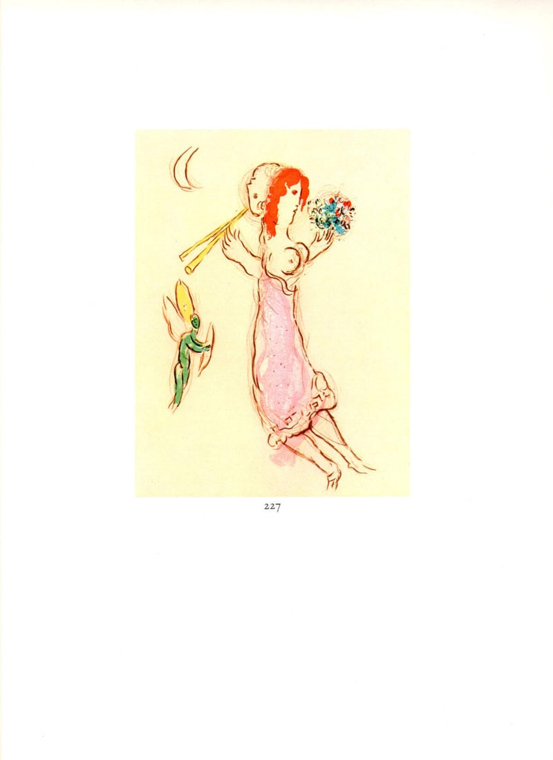 Poster 1963 Daphne Chloe Marc Chagall 12.5" x 9.75: Poster 1963 Daphne Chloe Marc Chagall 12.5" x 9.75 Marc Chagall's 1963 offset lithograph poster "Daphne et Chloe" measures 12.5 x 9.75 inches and features an image size of 8 x 5.75 inches, printed on 