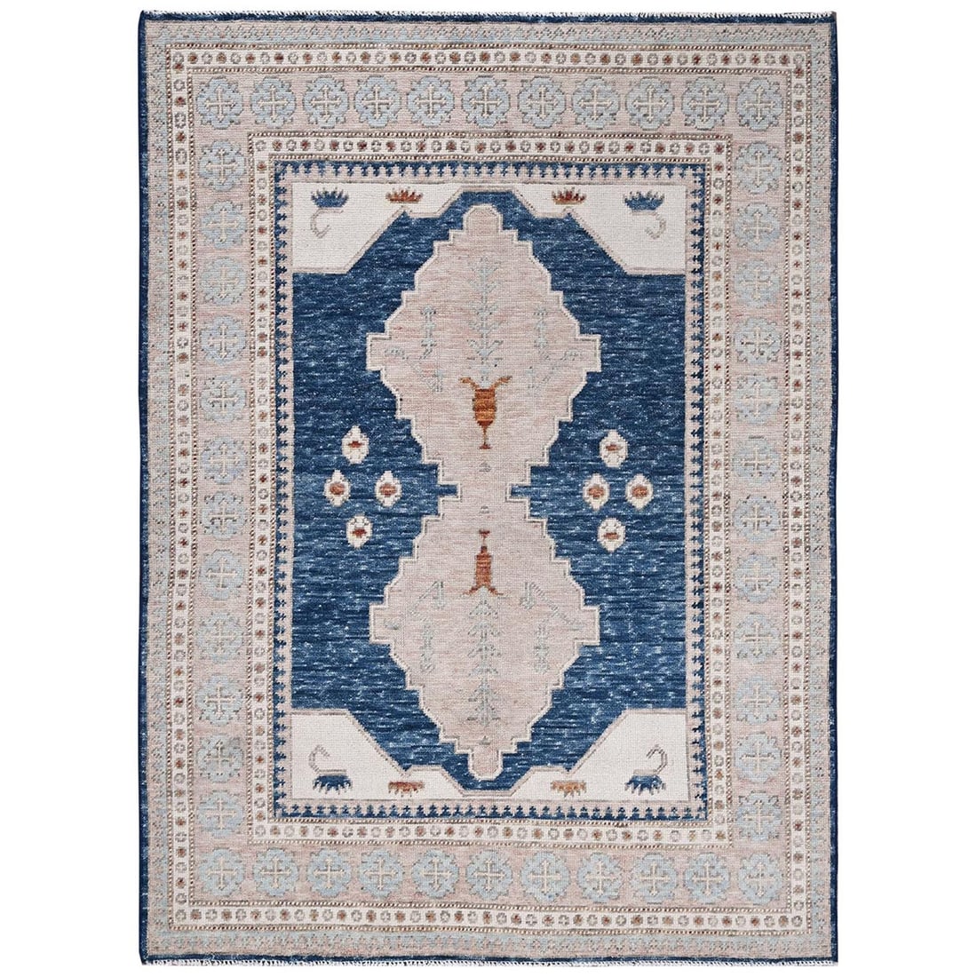 Blue 6x10 Anatolian Village Inspired Hand Knotted Wool Rug: Blue 6x10 Anatolian Village Inspired Hand Knotted Wool Rug The Blue Anatolian Village Inspired Hand Knotted Wool Rug boasts a stunning rectangular field with intricate patterns, showcasing a rich