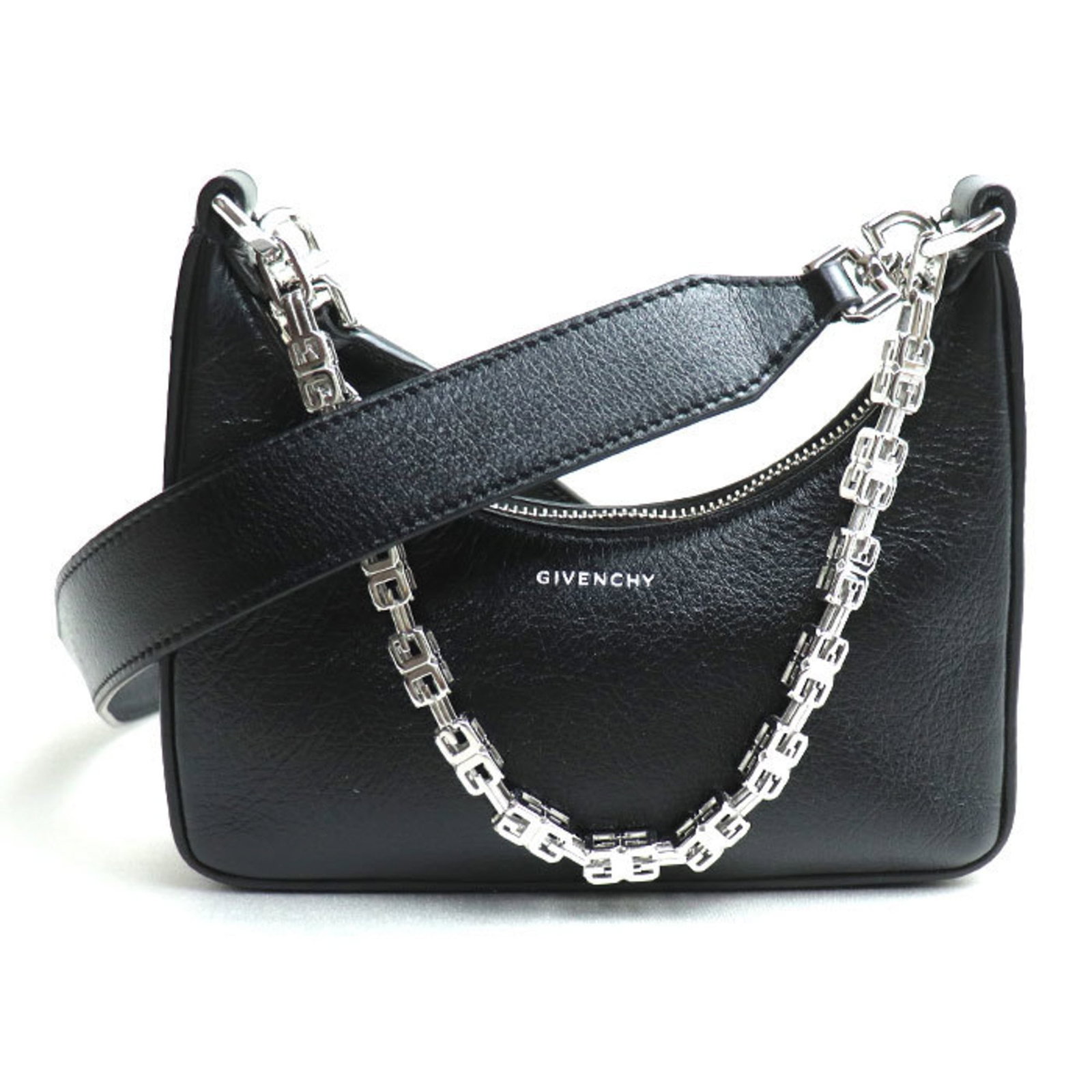 Givenchy Shoulder Bag Leather: Givenchy Shoulder Bag Leather This black leather shoulder bag from Givenchy features a sleek design with silver hardware and a zipper closure. With its classic shape and durable construction, this bag