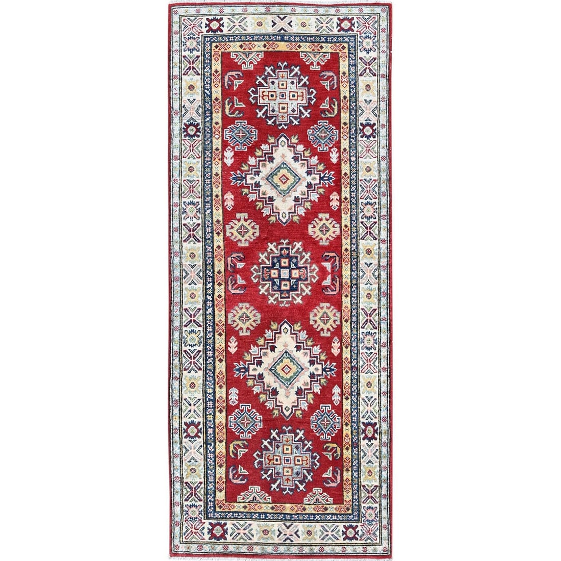 Kazak Red Wool Hand Knotted Runner Rug Geometric Design 2 7 x 6 7: Kazak Red Wool Hand Knotted Runner Rug Geometric Design 2 7 x 6 7 The Kazak Red Wool Hand Knotted Runner Rug boasts a striking geometric design in vibrant red hues, set against a rich field of wool. M