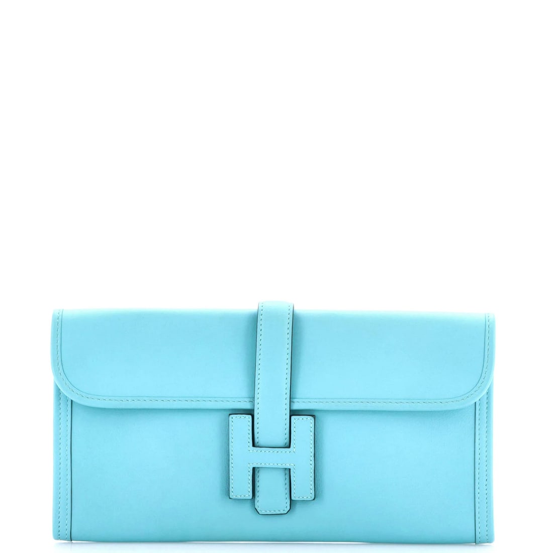 Swift Hermes Jige Clutch Elan: Swift Hermes Jige Clutch Elan The Swift Hermes Jige Clutch Elan boasts sleek blue leather exterior with subtle minor scuffs and creases. Its interior features matching blue leather, while its compact 