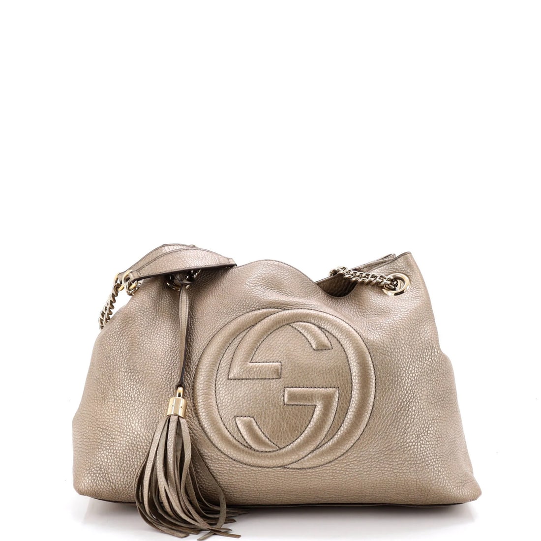 Leather strap bag chain soho medium: Leather strap bag chain soho medium The Gucci Soho Chain Strap Medium bag features a luxurious gold leather exterior with a neutral canvas interior. Notable for its classic shoulder strap design and c