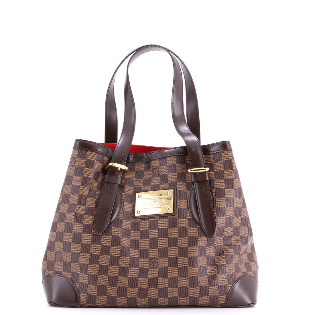 Damier Louis Vuitton Handbag Hampstead GM: Damier Louis Vuitton Handbag Hampstead GM The Damier Louis Vuitton Handbag Hampstead GM is a classic tote in brown canvas coated exterior with red microfiber interior. With its gold hardware and sturd