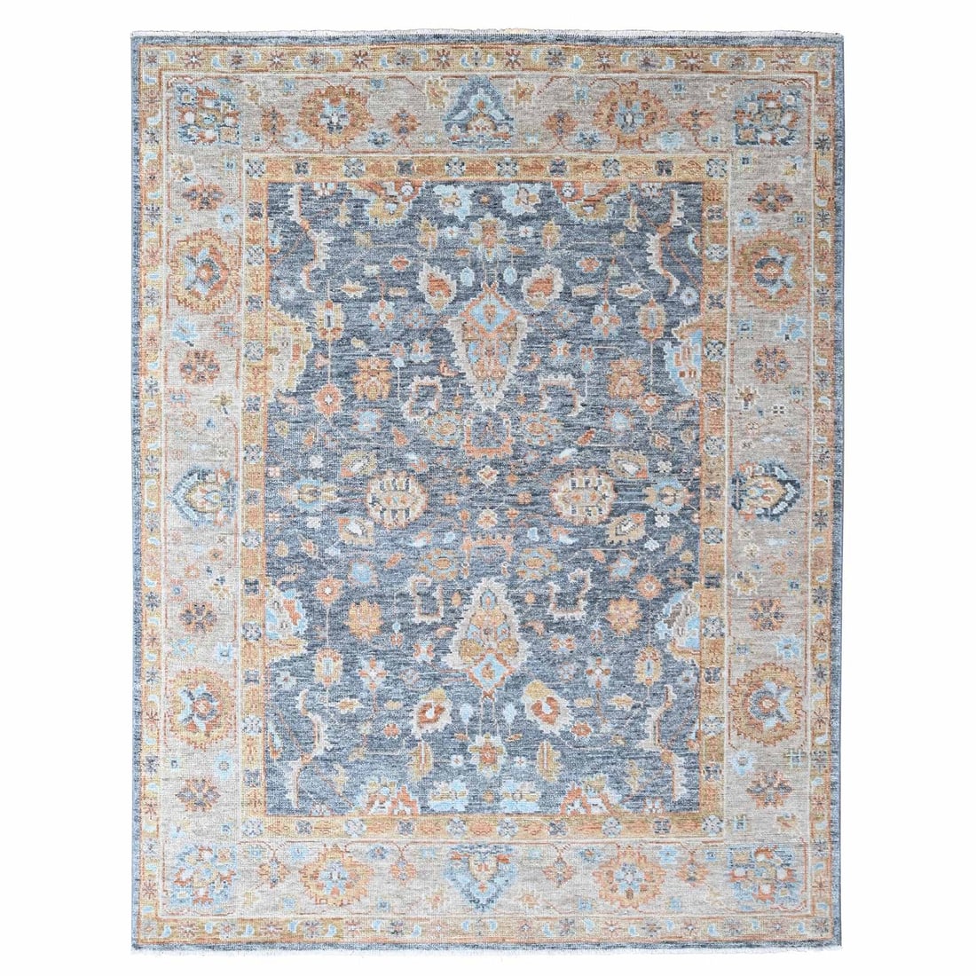 Hand knotted pure wool oriental rug 8'10"x12' lead gray design oushak.: Hand knotted pure wool oriental rug 8'10"x12' lead gray design oushak. Lead gray hand-knotted wool oriental rug with an oushak design, measuring 8'10"x12', boasts a rich, timeless aesthetic. This rect