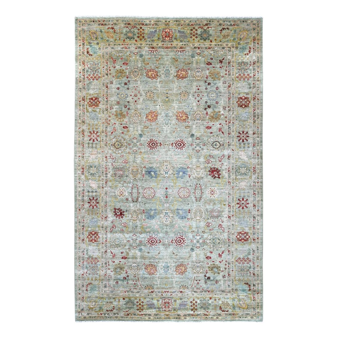 Green Peshawar with Ziegler Mahal Design Hand Knotted Wool Rug: Green Peshawar with Ziegler Mahal Design Hand Knotted Wool Rug Hand-knotted with precision and care, this stunning Green Peshawar with Ziegler Mahal Design Wool Rug boasts an all-over regional design 