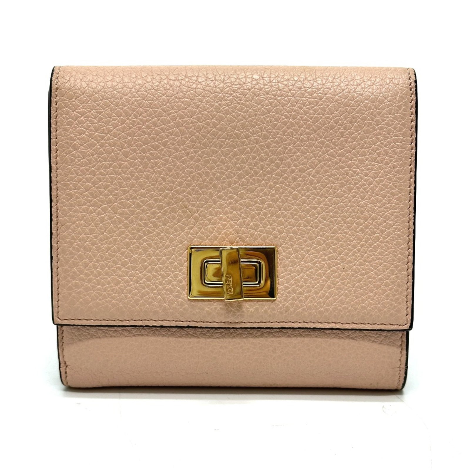 Fendi Wallet (Bi-Fold) Leather: Fendi Wallet (Bi-Fold) Leather Pink Fendi bi-fold leather wallet with visible traces of usage and minor scratches. The classic design showcases high-quality craftsmanship in its worn yet elegant state