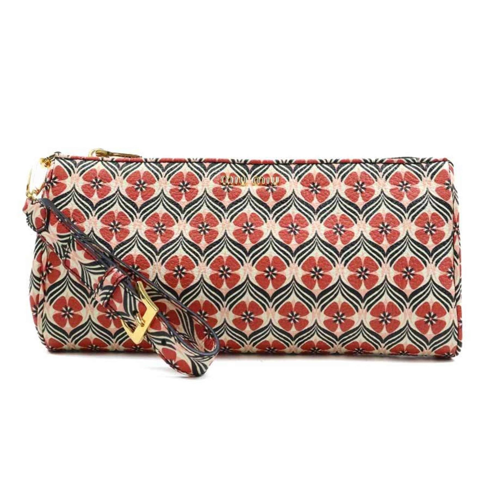 Miu Miu Clutch Bag Leather: Miu Miu Clutch Bag Leather This Miu Miu clutch bag features a unique multi-color design with red accents, showcasing the brand's signature style. Made from high-quality leather, the bag has a compact 
