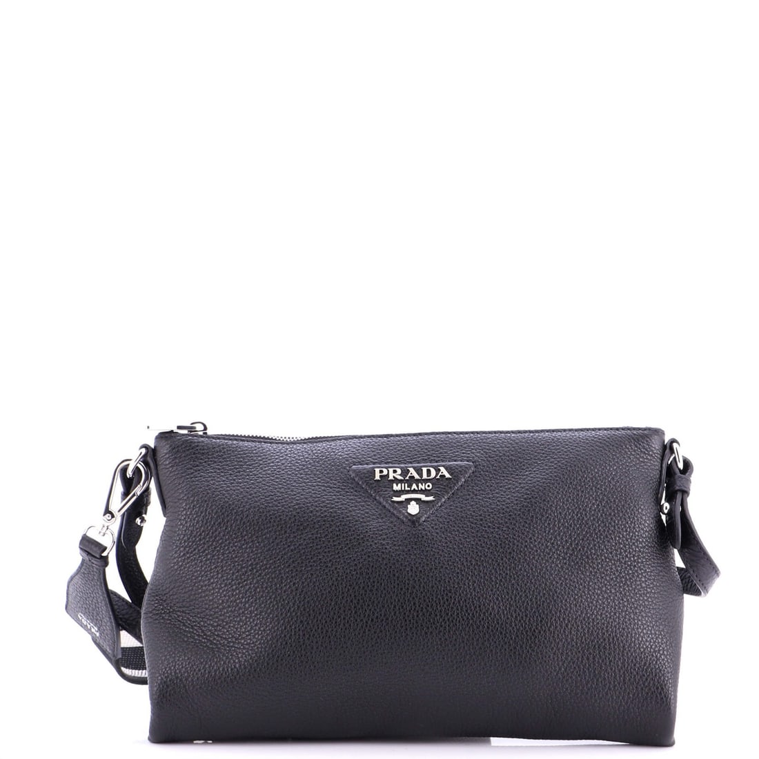 Vitello Daino Strap Bag Crossbody Flat: Vitello Daino Strap Bag Crossbody Flat The Vitello Daino Strap Bag Crossbody Flat from Prada boasts sleek black leather exterior with silver hardware, featuring dual straps for adjustable comfort. Thi