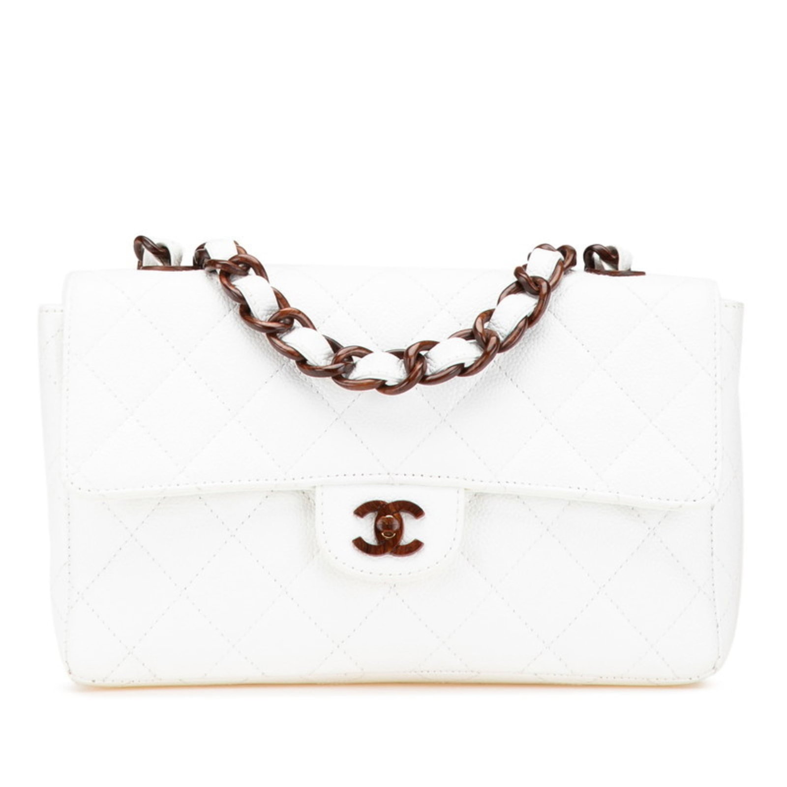 Chanel Shoulder Bag Wood: Chanel Shoulder Bag Wood This Chanel Shoulder Bag Wood boasts a unique wooden design, featuring a brown and white color combination. Its sturdy construction and turn lock outer pocket make it a practi
