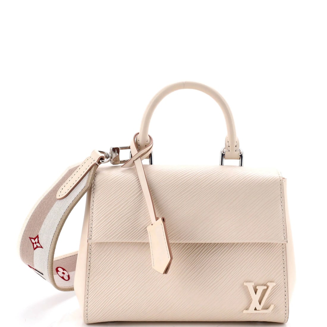 Cluny bag top handle made from epi leather mini: Cluny bag top handle made from epi leather mini The Cluny bag top handle in epi leather mini features a neutral white exterior and a silver clochette with strap. Measuring 6" tall and 7.5" wide, this