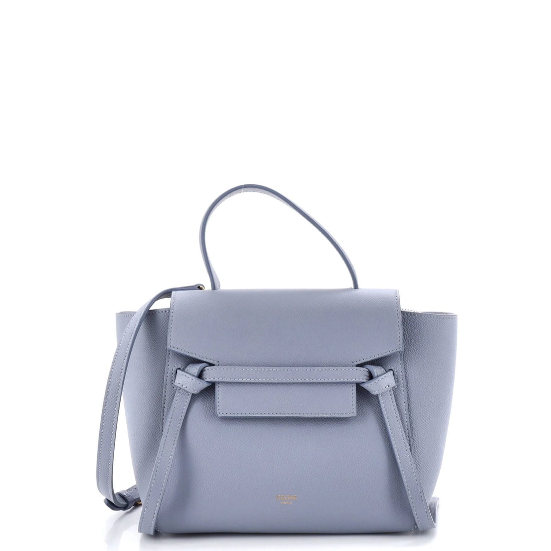 Textured leather belt bag nano: Textured leather belt bag nano The textured leather nano belt bag features a striking blue exterior with gold hardware and suede interior. Measuring just 8" in height and 4" in depth, this compact sho