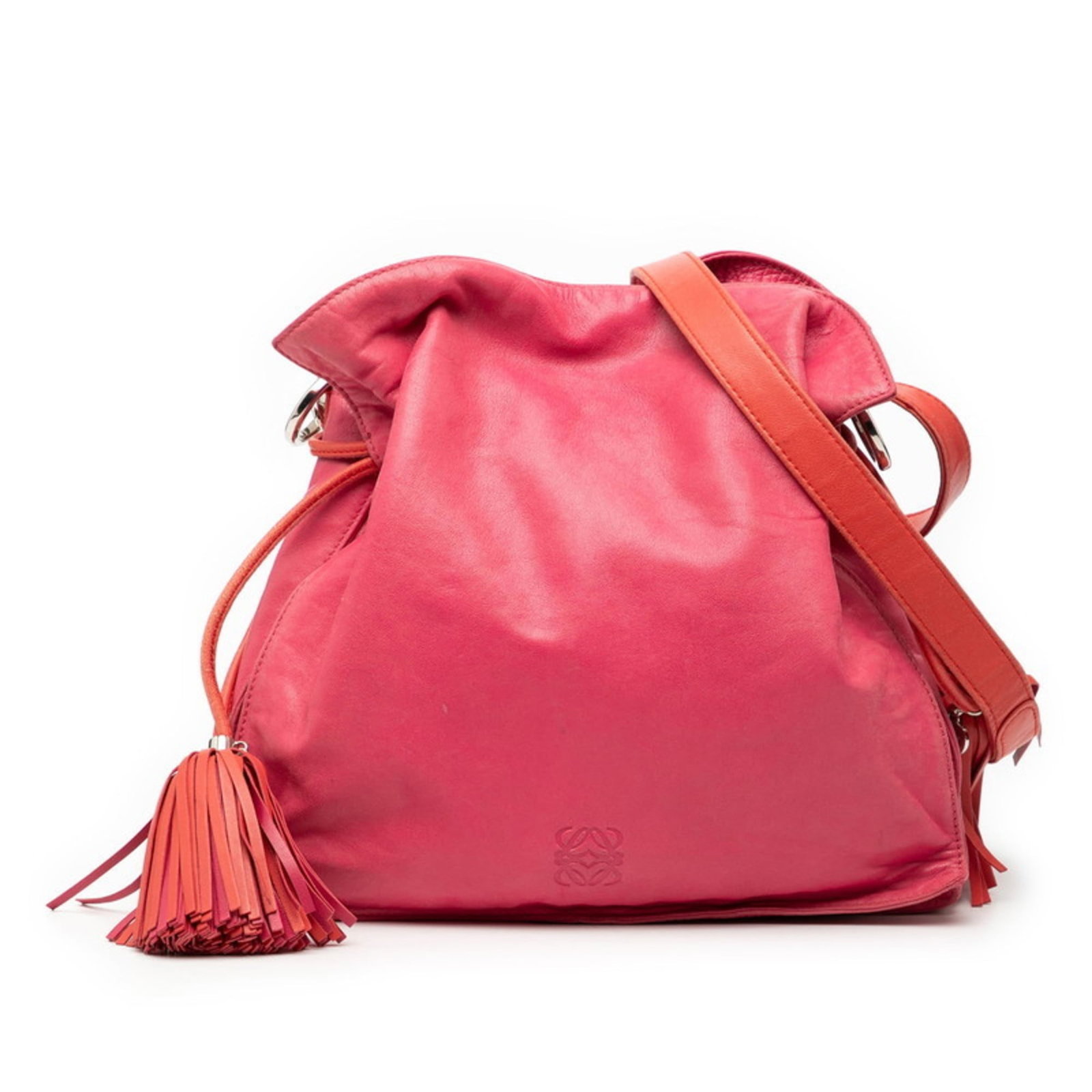 Loewe Shoulder Bag Leather: Loewe Shoulder Bag Leather This stunning Loewe shoulder bag features rich, supple leather in a vibrant pink hue. With its sleek design and magnetic closure, this stylish accessory exudes