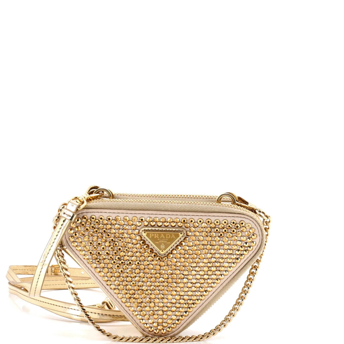 Crystal embellished satin crossbody pouch with double triangle pouch. (1 of 6)