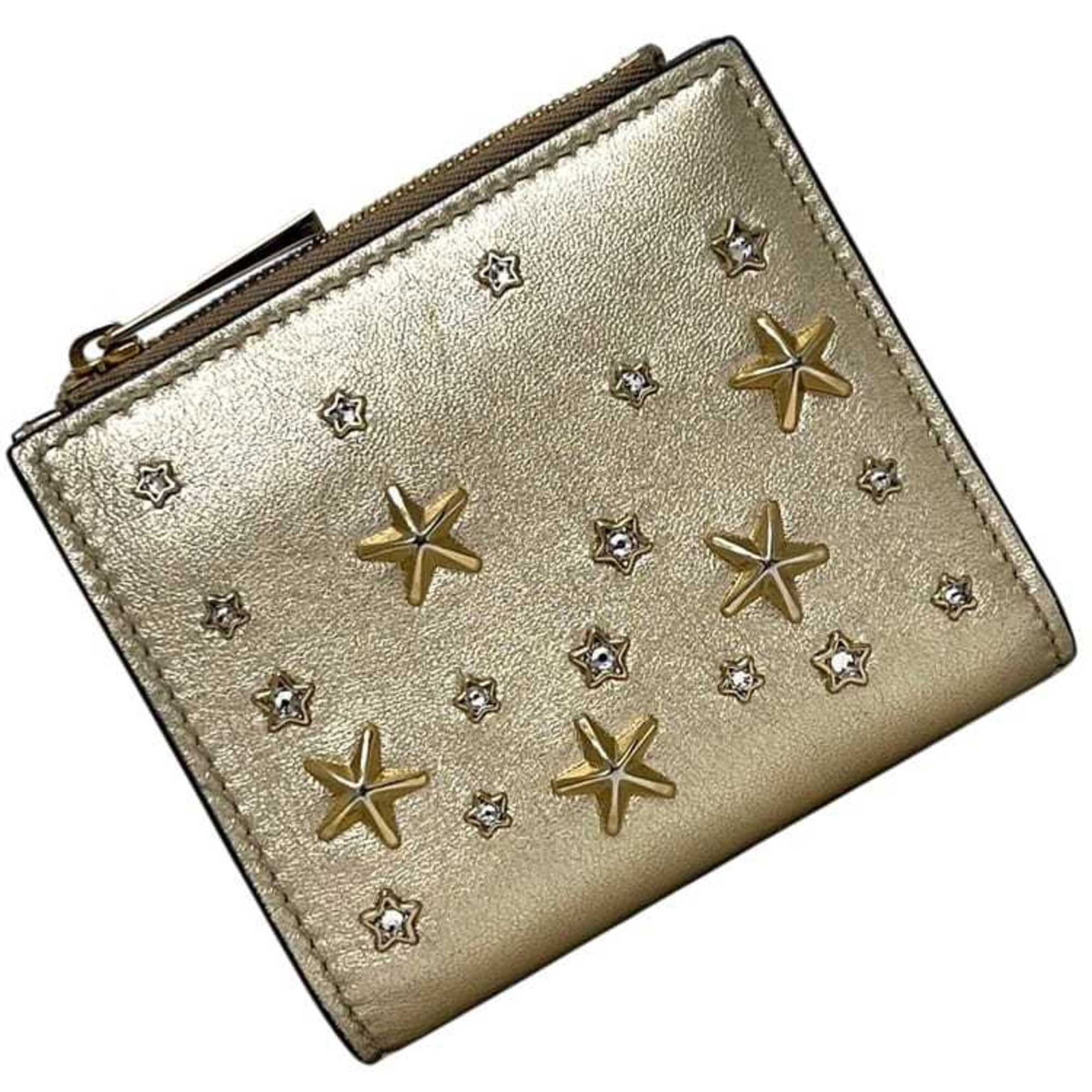 Jimmy Choo Wallet (Bi-Fold) Leather: Jimmy Choo Wallet (Bi-Fold) Leather The Jimmy Choo bi-fold leather wallet boasts sleek gold accents and premium leather construction. With its compact size and classic design, this wallet is perfect
