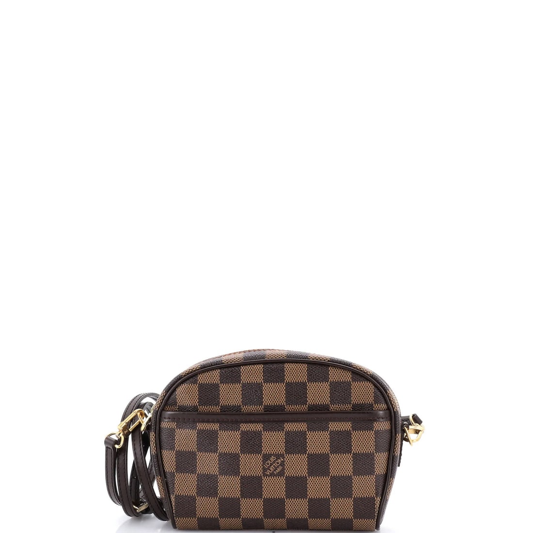 Ipanema Pochette Damier by Louis Vuitton: Ipanema Pochette Damier by Louis Vuitton The Ipanema Pochette Damier by Louis Vuitton boasts a classic brown canvas exterior with minor edge wear and gold hardware. This stylish cross-body bag feature