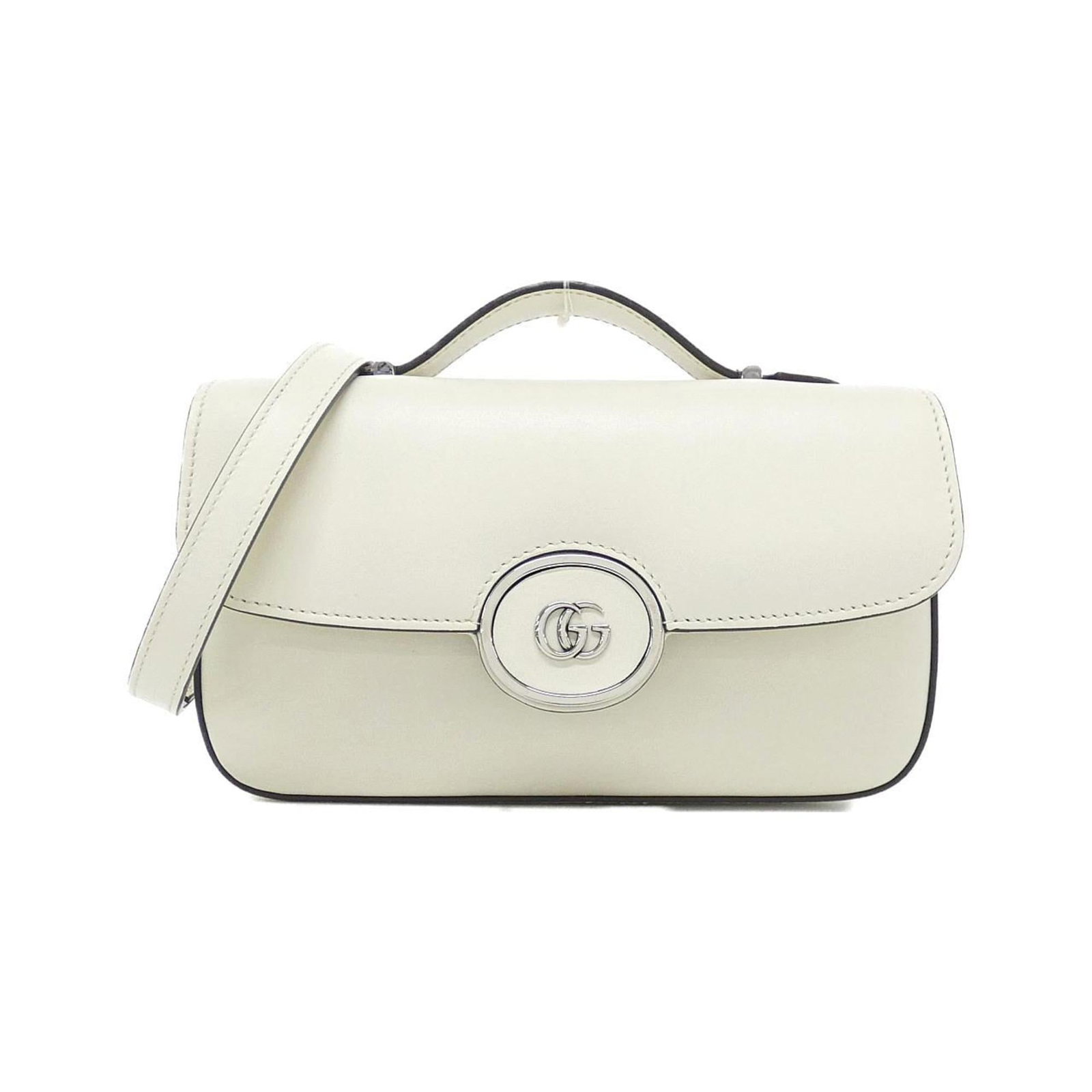 Gucci Handbag Leather: Gucci Handbag Leather White Gucci handbag leather for sale. This used handbag features a silver buckle and has some scratches / dirt, with a few traces of usage visible. It measures 11cm x 21cm x 5cm 