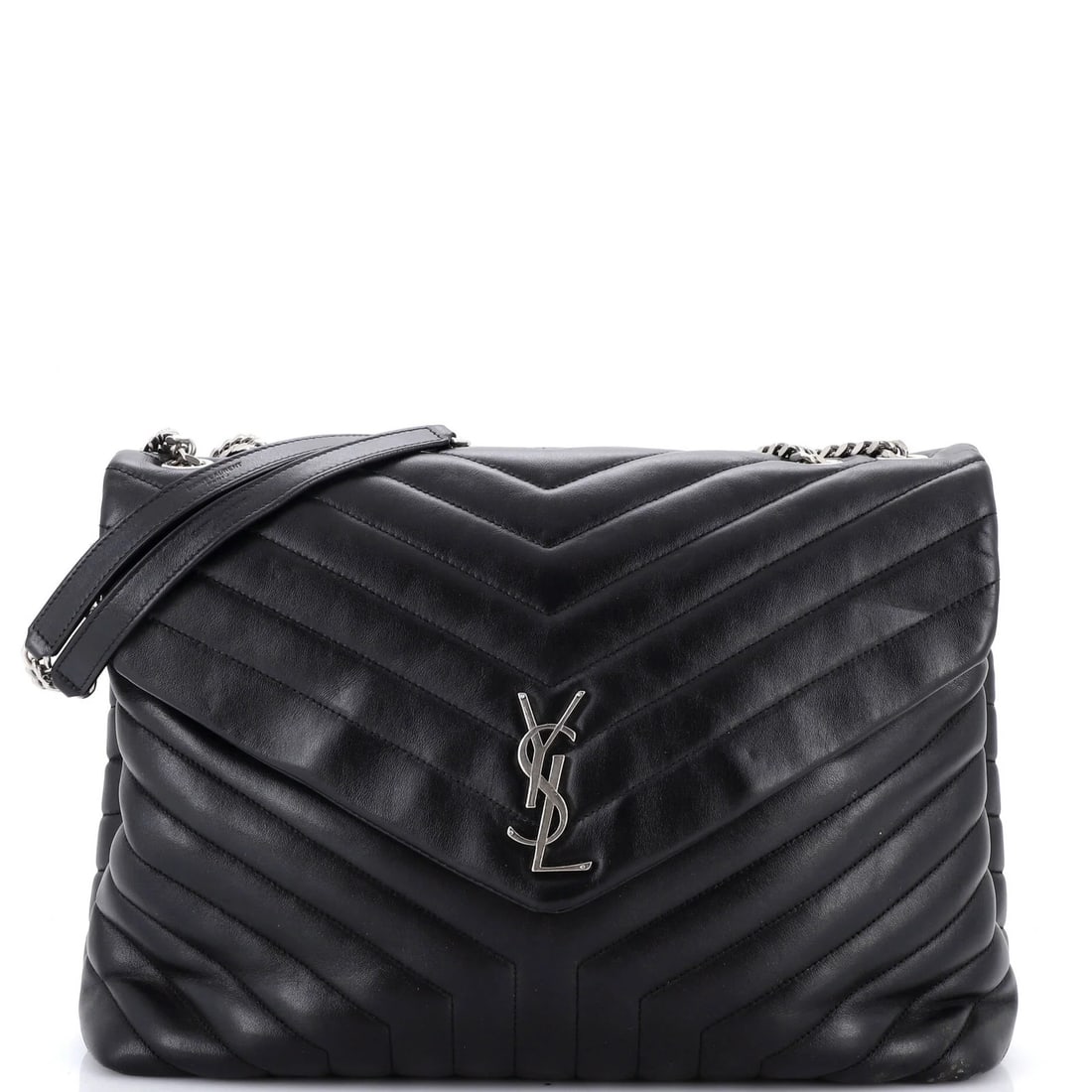 Lou Saint Matelasse Chevron Leather Bag Large Shoulder: Lou Saint Matelasse Chevron Leather Bag Large Shoulder The Saint Laurent Loulou Shoulder Bag features striking matelasse chevron leather in black, adding a touch of sophistication to any outfit. With 